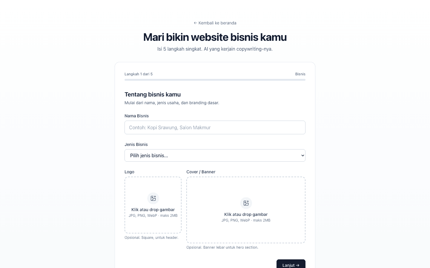 Form wizard langkah 1: nama dan jenis bisnis