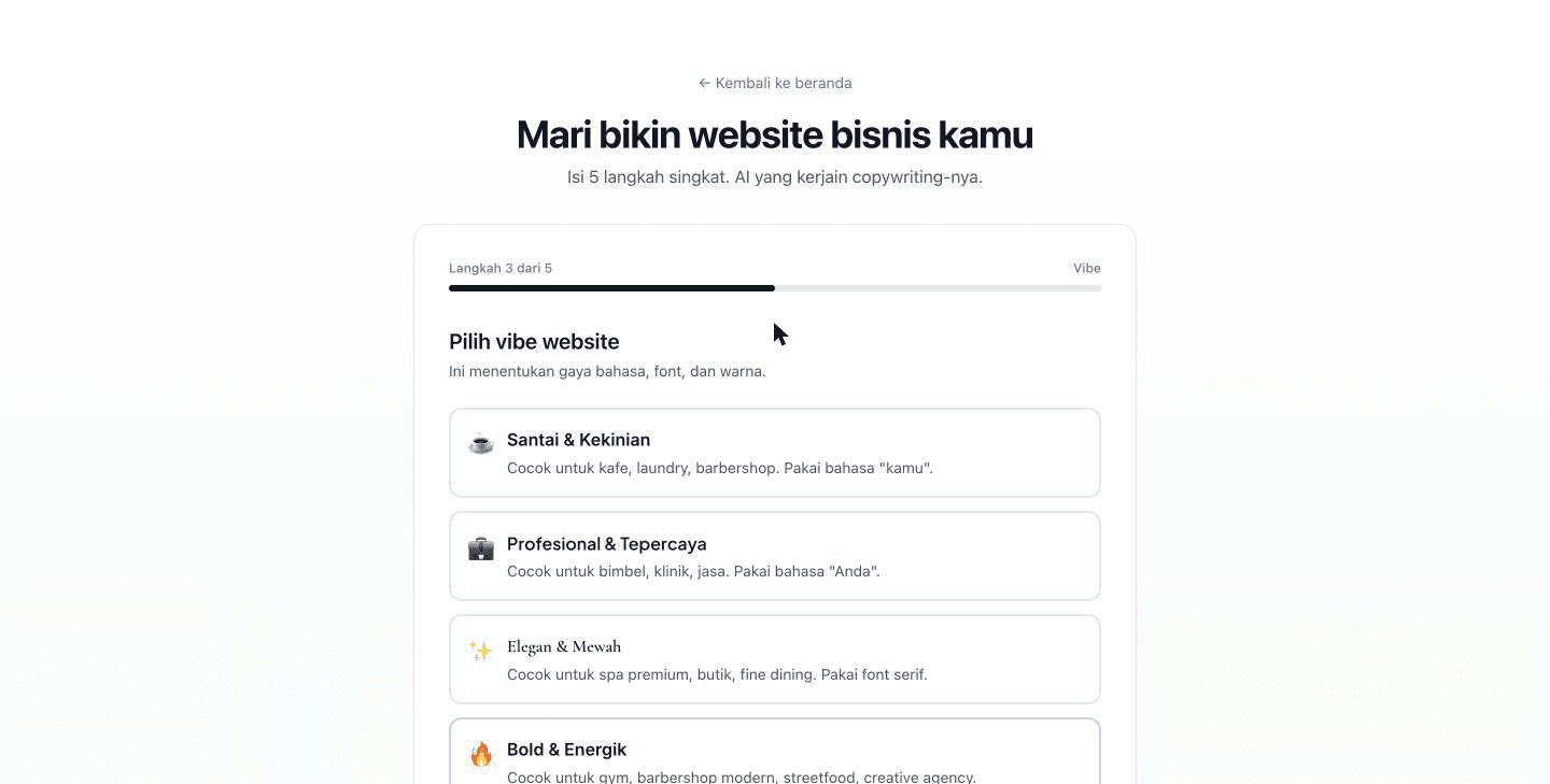 Form wizard langkah 3: pilih vibe website